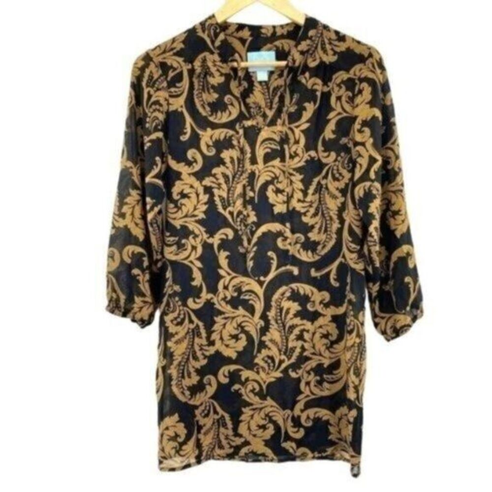 CeCe Black and Gold Sheer Tunic Blouse Top